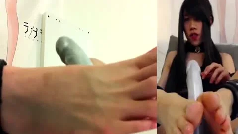 asian Crossdresser fake penis Footjob